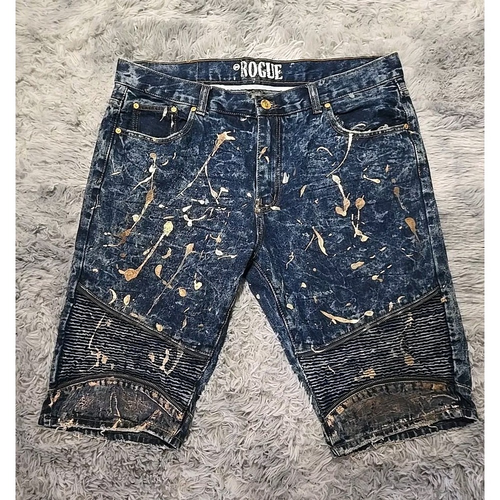 VTG Rogue Jeans Men's Denim Shorts Size 40 Moto Biker Gold Paint Accents